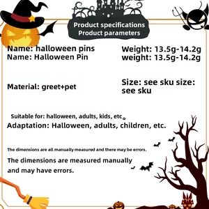 Detail showing glitter PET Halloween badge reel specifications and spooky graphics