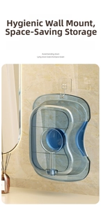 Wall-mounted blue hair washing basin detail showing vertical storage with 14cm depth