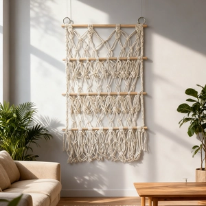 Handmade Macrame Wall Hanging Plush Toy Organizer Cotton Rope Woven Multi Tier Storage Shelf Bohemian Fringe Home Decor