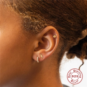 S925 sterling silver earring set with lightning bolt and smiley face colorful zircon studs