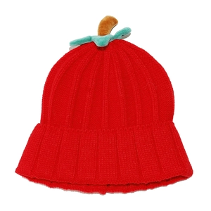 Close-up of red knit pumpkin hat featuring a brown stem and green leaves detail