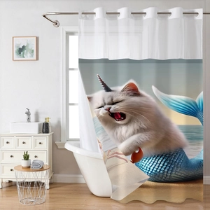 Detail of waffle weave shower curtain with metal rings and cat mermaid print