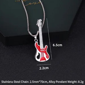 Retro red and silver guitar pendant necklace with stainless steel long sweater chain