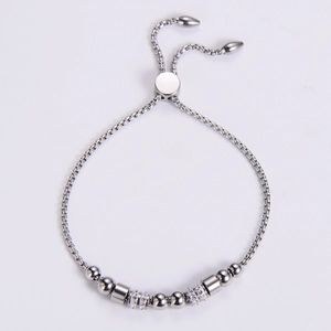 Adjustable stainless steel bead bracelet with sparkling rhinestones and a sliding clasp