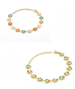 Detail of colorful daisy chain bracelets in 18K gold plated stainless steel