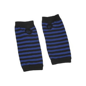 Detailed close-up of blue and black striped knit fingerless arm warmers on white background