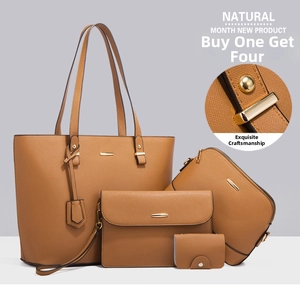 Detailed set of four brown cross-grain leather bags including tote and accessories
