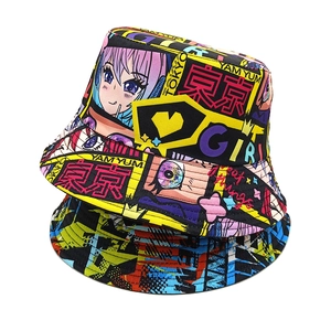 Anime graffiti bucket hat with yellow and blue cartoon print for men and women