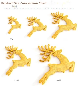 Size comparison chart of golden deer Christmas ornaments in five different dimensions