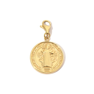 Detailed view of golden religious medallion pendant with Santissima engraving and clasp