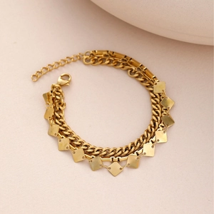 Elegant gold-plated multilayered chain bracelet with geometric square pendants and lobster clasp