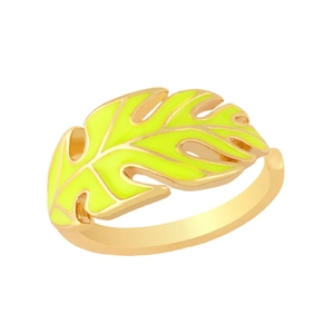 Gold leaf ring with tropical monstera design and vibrant neon yellow enamel finish