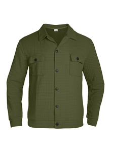 Detailed view of olive green waffle knit texture and button-up closure of the shirt jacket