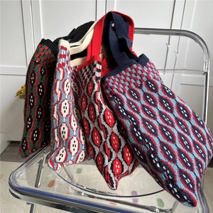 Large capacity knitted shoulder bags with retro geometric patterns for women