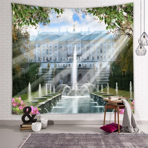 Detail of a large landscape tapestry featuring a grand palace with fountains and flowers