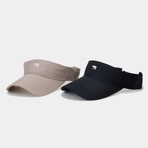 Summer sun visor caps with embroidered bear in black and beige breathable cotton fabric