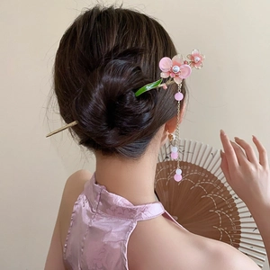 Vintage Pfirsichblüten Haarstab Legierung Emaille Blume Lange Quaste Chinesischer Stil Haarnadel Künstliche Perle Deko Damen