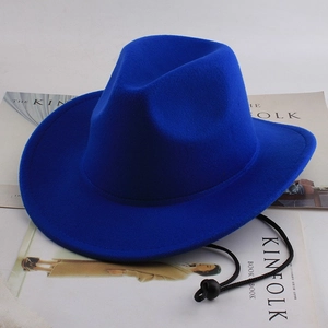 Detailed top view of a bright blue felt jazz hat featuring clear wool-like texture