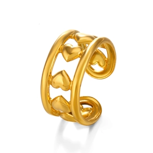 Golden stainless steel open ring featuring a romantic hollow heart pattern design