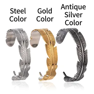 Adjustable titanium steel feather cuff bracelets in silver, gold, and antique silver tones