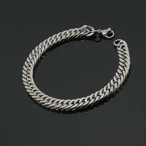Polished silver stainless steel Cuban chain bracelet for men with lobster clasp closure