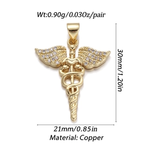 Detailed specs of the 18K gold plated copper caduceus pendant with CZ stones and sizing