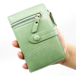 Short light green PU leather wallet for women with metal zipper and snap buckle closure