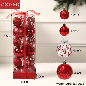 Detail view of 24pcs red Christmas ball ornaments set with diverse textures in a gift box