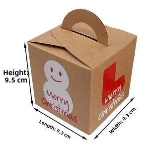 Detail of Christmas kraft paper gift box with snowman print and handle 9.3x9.3x9.5cm