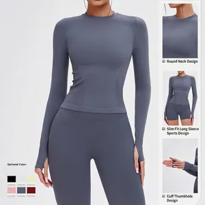 Nahtloses Yoga-Set mit Langarm-Oberteil und Leggings in mattem Nebelblau-Design