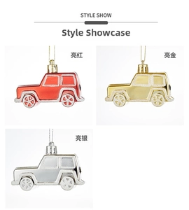 Detail of red, gold, and silver off-road vehicle shaped Christmas tree ornaments set