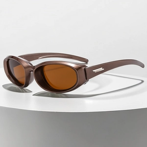 Detail shot of brown Y2K oval sunglasses featuring golden metallic temple accents