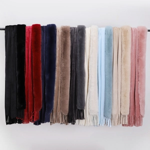 Winter double-sided flannel shawl with faux rabbit fur collar and tassels in various colors