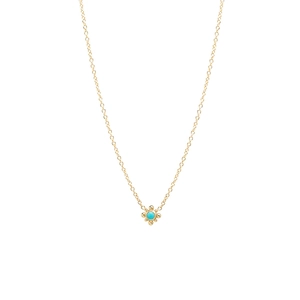 Detail of S925 silver necklace with turquoise pendant and golden beaded frame