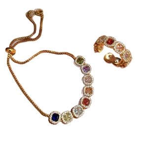14k gold plated jewelry set with adjustable rainbow zircon bracelet and square open ring