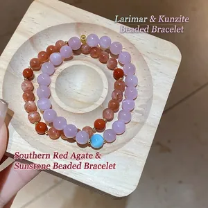 Handmade double-layered bracelet with natural Larimar, Kunzite, and Sunstone beads