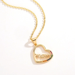 Golden heart necklace with MOM pendant and multi-color rhinestones for Mother's Day