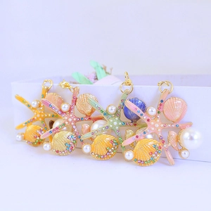 Ocean Starfish Shell Keychain Zinc Alloy Enamel Rhinestone Imitation Artificial Pearl Car Bag Accessory Charm For Women