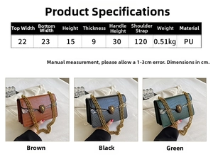 Detailed size parameters and three-color options for crocodile pattern chain shoulder bag