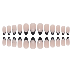 Black French almond press-on nails with silver butterfly charms and pearls 24pcs set