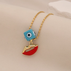 Evil eye square pendant and red lips necklace on gold bead chain for women