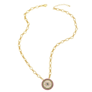 Gold chunky chain necklace featuring a colorful evil eye pendant with rainbow micro-pavé gems