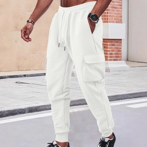 Men's white waffle knit cargo joggers with drawstring waist and side flap pockets