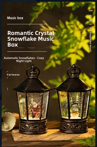 Detail showing vintage bronze Christmas music box lanterns with snow globe effect and warm light