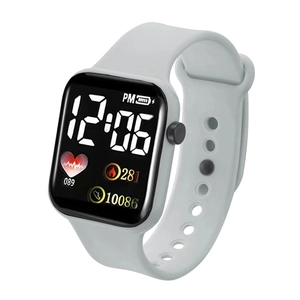 Waterproof LED digital sports watch with heart rate monitor and step counter in light grey