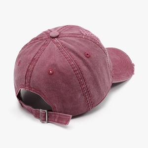 Distressed burgundy baseball cap with 3D embroidery and adjustable metal buckle back