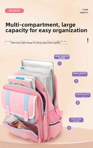 Detail of pink school backpack showing multi-layer compartments for laptop and stationery