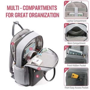 Detail view of large capacity grey laptop backpack with organized multi-compartments