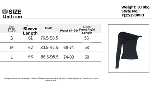 Detailed size chart for black slim fit one-shoulder long sleeve T-shirt with measurements