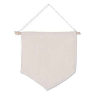 Macro view of plain beige canvas banner with wooden rod and hanging rope for pin display